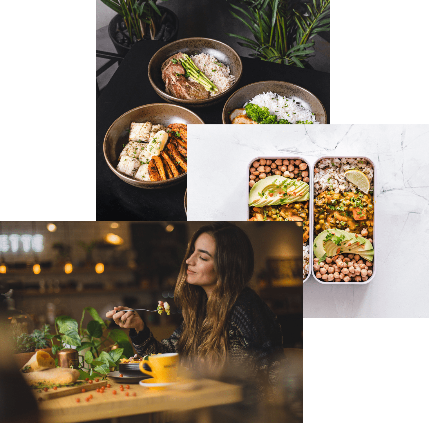 Woman exjoying food, meals in storage container, and food bowls on a table